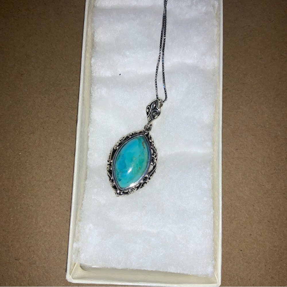Blue Turquoise Rhodium Over Sterling Silver Pendant With Adjustable Chain - Picture 2 of 4